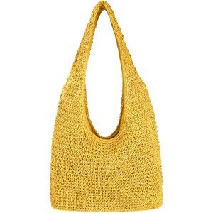Women's Yellow Large Straw Beach Bag Handmade Woven Shoulder Hobo Tote Handbag